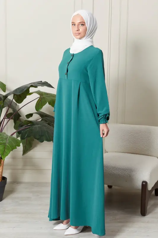 Mevlana Etek Aerobin Kumaş Tesettür Giyim Anne Elbisesi Namaz Elbisesi Geniş Kalıp Tesettür Elbisesi - Su Yeşili - 5