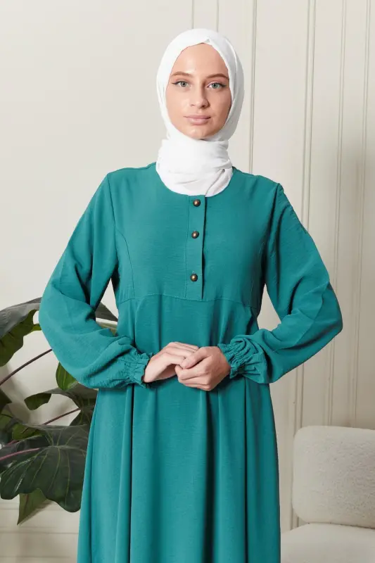 Mevlana Etek Aerobin Kumaş Tesettür Giyim Anne Elbisesi Namaz Elbisesi Geniş Kalıp Tesettür Elbisesi - Su Yeşili - 7