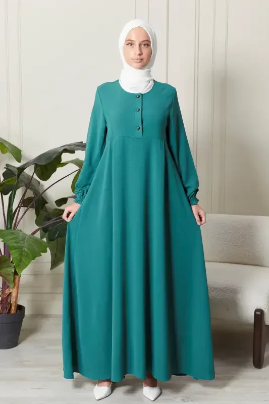 Mevlana Skirt Aerobin Fabric Muslim Women Dress Mother Dress Prayer Dress Wide Fit Muslim Dress-Sea Green - 2
