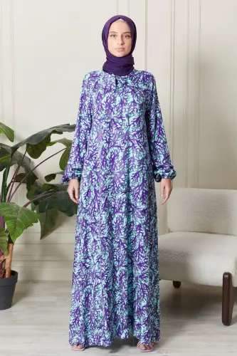 Mevlane Bell Cotton Viscose Fabric Mother Modest Dress Prayer Dress Wide Size Range-Blue 