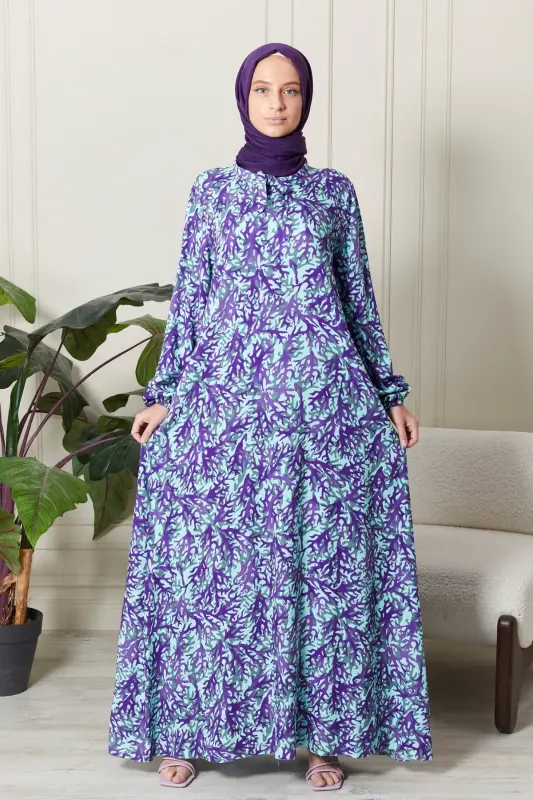 Mevlane Bell Cotton Viscose Fabric Mother Modest Dress Prayer Dress Wide Size Range-Blue - 2