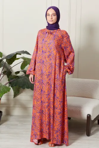 Mevlane Bell Dress Cotton Viscose Fabric Mother Modest Dress Prayer Dress Wide Size Range-Orange - FISTAN (1)