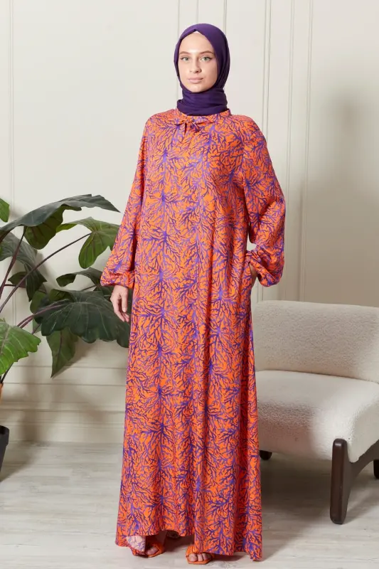 Mevlane Bell Dress Cotton Viscose Fabric Mother Modest Dress Prayer Dress Wide Size Range-Orange - 2