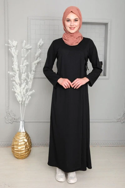 Mevsimlik Bağlamalı Kadın Tesettür Namaz Elbisesi, Terletmeyen Namaz Kıyafeti, Dökümlü Ferace-siyah - KUTAY COLLECTION