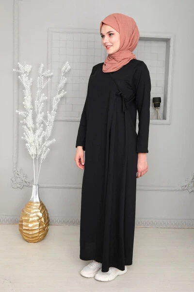 Mevsimlik Bağlamalı Kadın Tesettür Namaz Elbisesi, Terletmeyen Namaz Kıyafeti, Dökümlü Ferace-siyah - KUTAY COLLECTION (1)