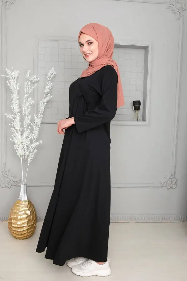 Mevsimlik Bağlamalı Kadın Tesettür Namaz Elbisesi, Terletmeyen Namaz Kıyafeti, Dökümlü Ferace-siyah - 3