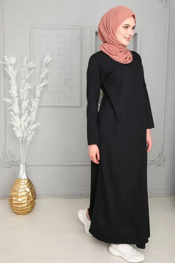 Mevsimlik Bağlamalı Kadın Tesettür Namaz Elbisesi, Terletmeyen Namaz Kıyafeti, Dökümlü Ferace-siyah - 5