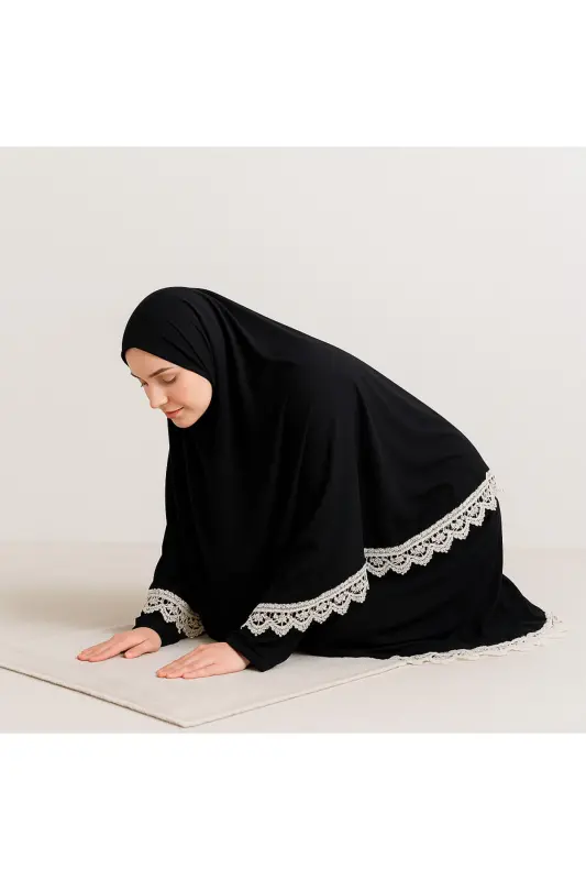 Kadın Mevsimlik İki Parça İşlemeli Terletmeyen Namaz Kıyafeti - SİYAH - 1