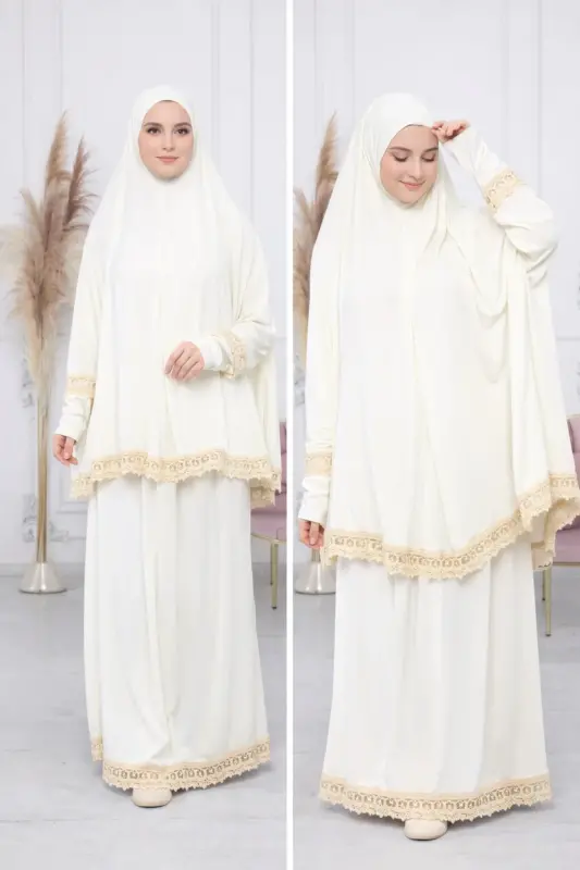 Kadın Mevsimlik İki Parça İşlemeli Terletmeyen Namaz Kıyafeti Beyaz-BEYAZ - KUTAY COLLECTION