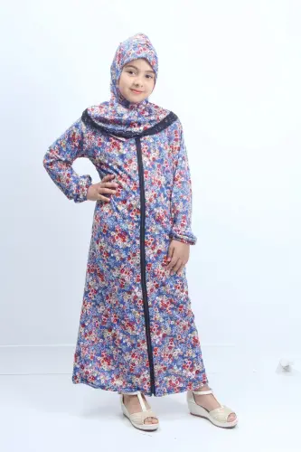 Mevsimlik Çocuk Namaz Elbisesi Çiçek Desenli, Genç Ferace, Terletmeyen Namaz Kıyafeti-mavi - KUTAY COLLECTION (1)