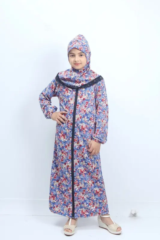 Mevsimlik Çocuk Namaz Elbisesi Çiçek Desenli, Genç Ferace, Terletmeyen Namaz Kıyafeti-mavi - 4