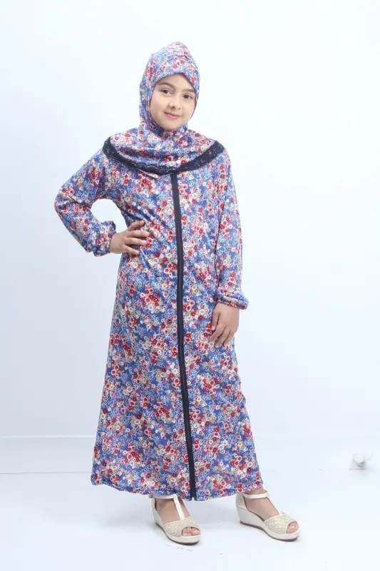 Mevsimlik Çocuk Namaz Elbisesi Çiçek Desenli, Genç Ferace, Terletmeyen Namaz Kıyafeti-mavi - 2