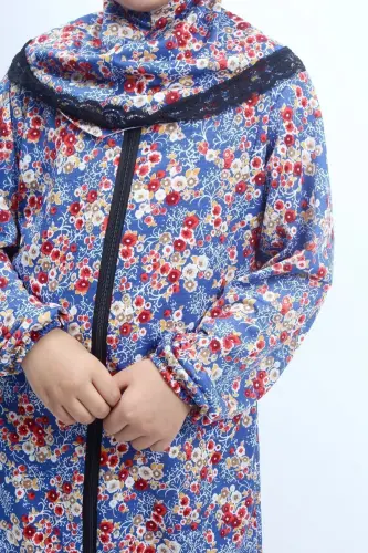 Mevsimlik Çocuk Namaz Elbisesi Çiçek Desenli, Genç Ferace, Terletmeyen Namaz Kıyafeti-mavi - 3