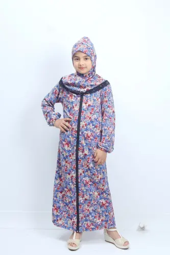 Mevsimlik Çocuk Namaz Elbisesi Çiçek Desenli, Genç Ferace, Terletmeyen Namaz Kıyafeti-mavi - 4