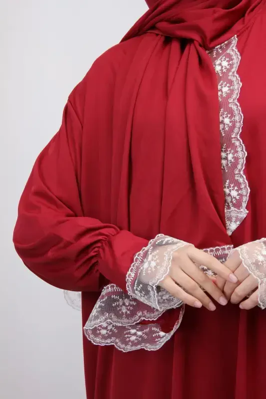 Mevsimlik Kendinden Başörtülü Dantelli Kadın Namaz Elbisesi, Terletmeyen Namaz Kıyafeti-KIRMIZI - 5