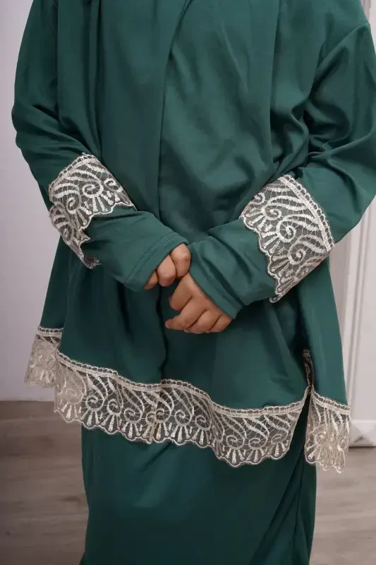 Mevsimlik Kız Çocuk Namaz Elbisesi, Genç Ferace, Terletmeyen Namaz Kıyafeti-yeşil - 4