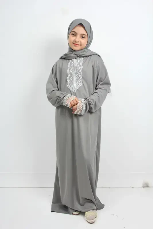 Mevsimlik Kız Çocuk Orta Boy Şık Namaz Elbisesi, Genç Ferace, Terletmeyen Namaz Kıyafeti-GRİ - 3