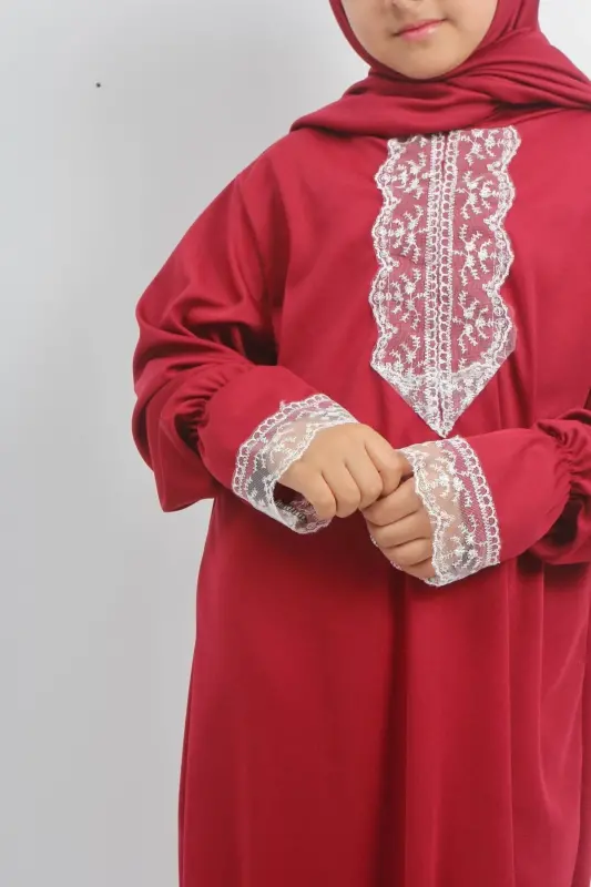 Kız Çocuk Mevsimlik Terletmeyen Ferace Namaz Elbisesi - KIRMIZI - 4