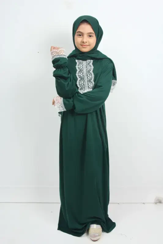 Mevsimlik Kız Çocuk Orta Boy Şık Namaz Elbisesi, Genç Ferace, Terletmeyen Namaz Kıyafeti-YEŞİL - 3