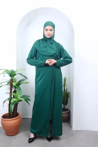 Mevsimlik Tek Parça Başörtülü Kadın Namaz Elbisesi Düz Renk, Namaz Kıyafeti, Dökümlü Ferace-Yeşil - KUTAY COLLECTION (1)