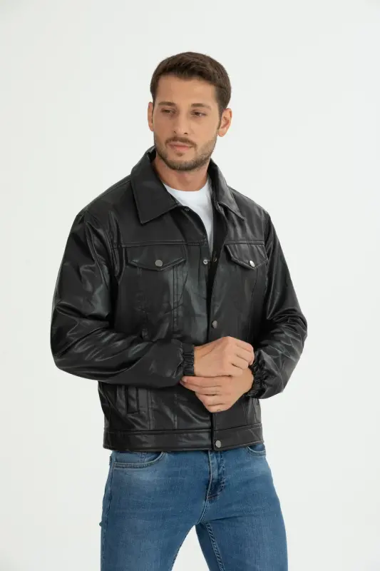 Mevsimlik Vintage Oversize Kısa Deri Ceket-SİYAH - 3