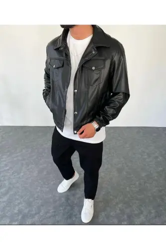 Mevsimlik Vintage Oversize Kısa Deri Ceket-SİYAH - 6