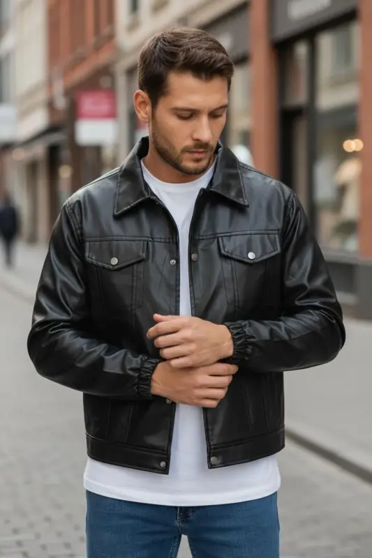 Mevsimlik Vintage Oversize Kısa Deri Ceket-SİYAH - 8