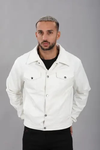 Mevsimlik Vintage Oversize Kısa Deri Ceket-BEYAZ 