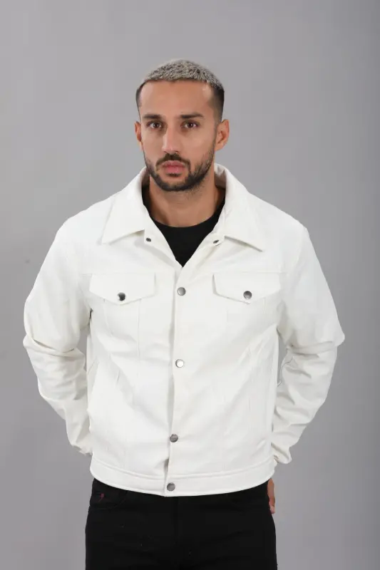 Mevsimlik Vintage Oversize Kısa Deri Ceket-BEYAZ - 1