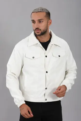 Mevsimlik Vintage Oversize Kısa Deri Ceket-BEYAZ - 3