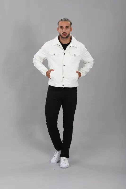 Mevsimlik Vintage Oversize Kısa Deri Ceket-BEYAZ - 5