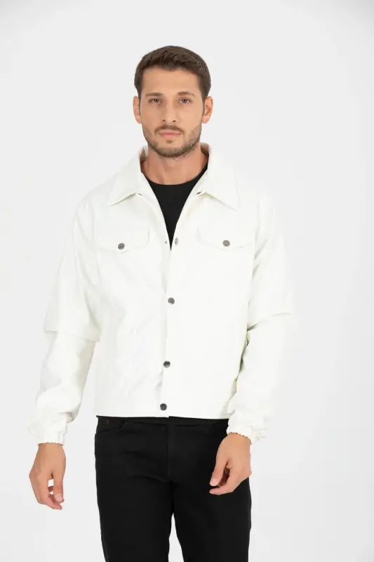 Mevsimlik Vintage Oversize Kısa Deri Ceket-BEYAZ - 6