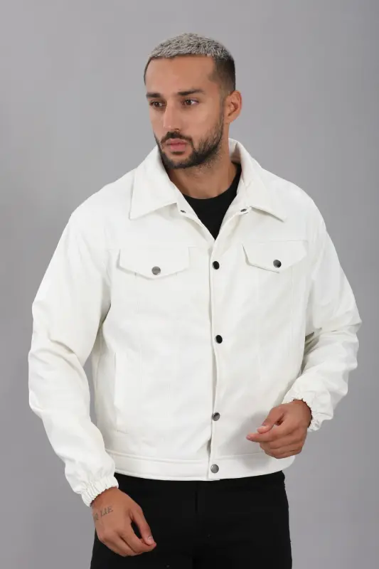 Mevsimlik Vintage Oversize Kısa Deri Ceket-BEYAZ - 3