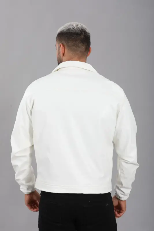 Mevsimlik Vintage Oversize Kısa Deri Ceket-BEYAZ - 4