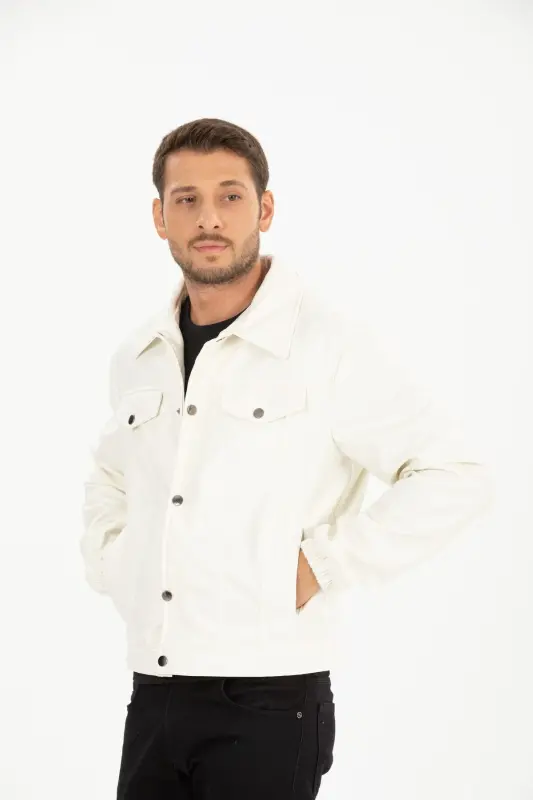 Mevsimlik Vintage Oversize Kısa Deri Ceket-BEYAZ - 8