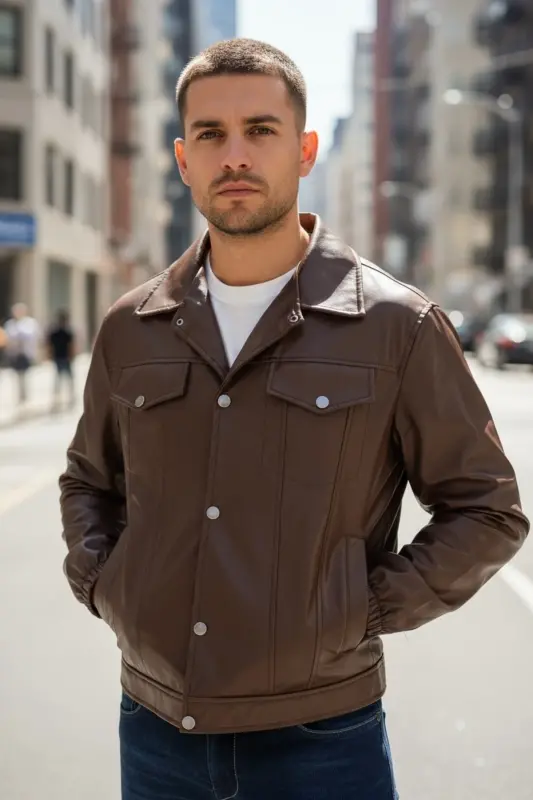 Mevsimlik Vintage Oversize Kısa Deri Ceket-KAHVERENGİ - 1