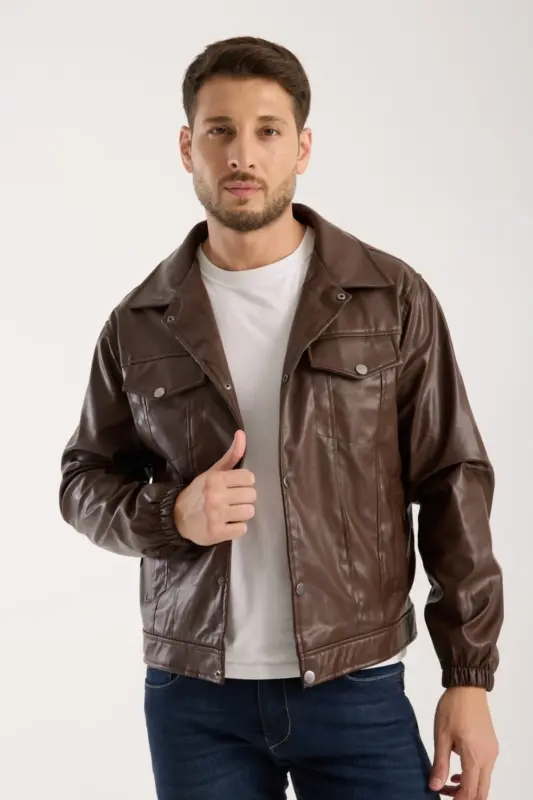 Mevsimlik Vintage Oversize Kısa Deri Ceket-KAHVERENGİ - 2