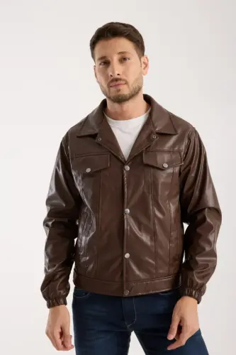 Mevsimlik Vintage Oversize Kısa Deri Ceket-KAHVERENGİ - 3