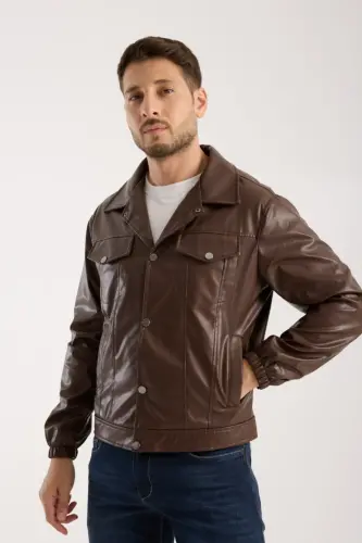 Mevsimlik Vintage Oversize Kısa Deri Ceket-KAHVERENGİ - 7