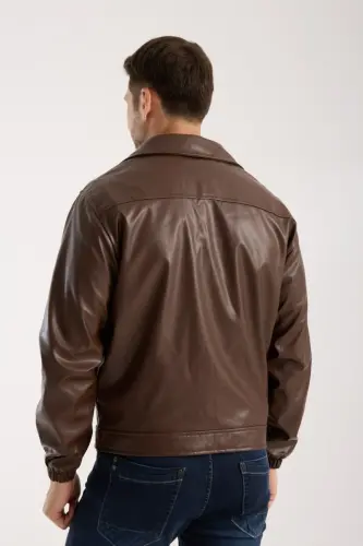 Mevsimlik Vintage Oversize Kısa Deri Ceket-KAHVERENGİ - 8