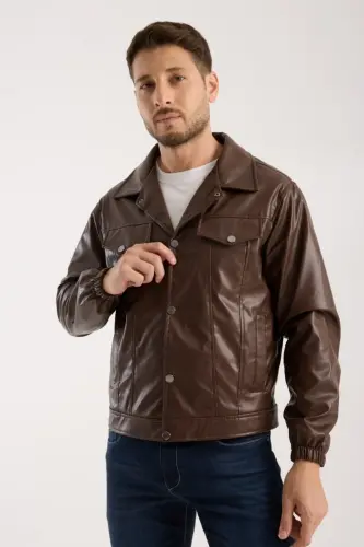 Mevsimlik Vintage Oversize Kısa Deri Ceket-KAHVERENGİ - 4