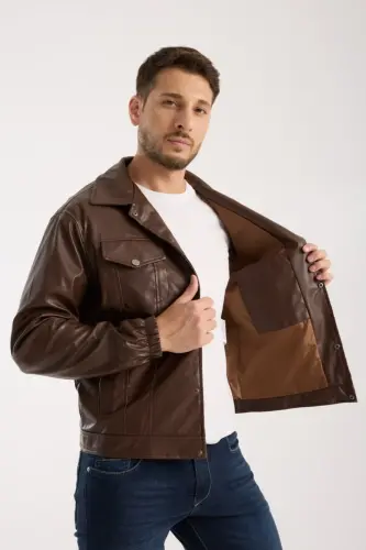 Mevsimlik Vintage Oversize Kısa Deri Ceket-KAHVERENGİ - 6