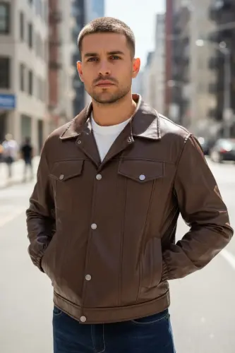 Mevsimlik Vintage Oversize Kısa Deri Ceket-KAHVERENGİ 