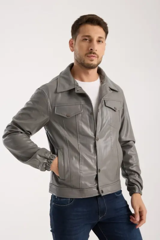 Mevsimlik Vintage Oversize Kısa Deri Ceket-KOYU GRİ - 2