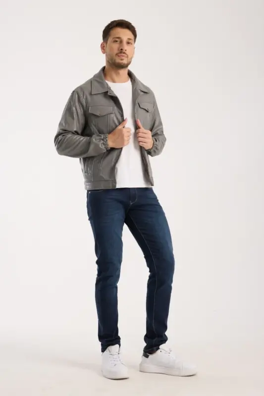 Mevsimlik Vintage Oversize Kısa Deri Ceket-KOYU GRİ - 3