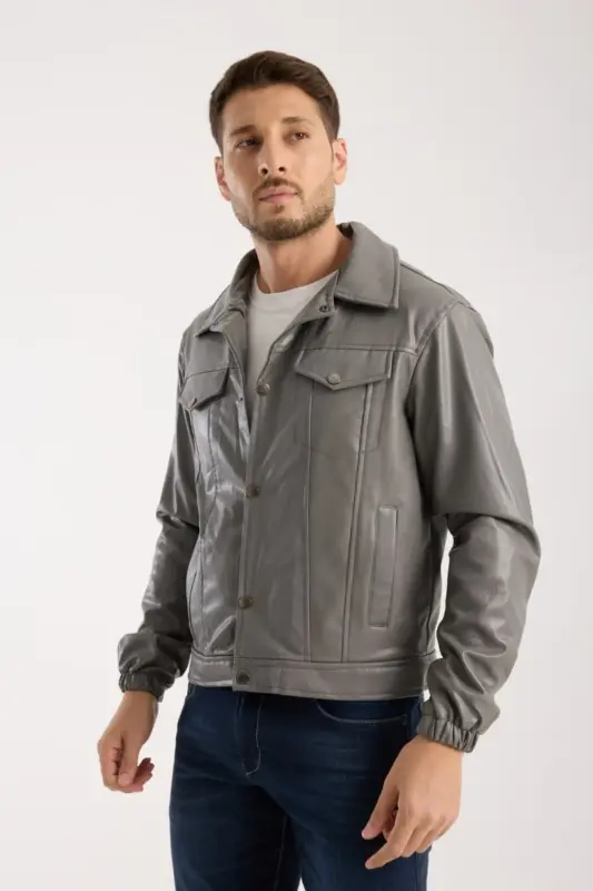 Mevsimlik Vintage Oversize Kısa Deri Ceket-KOYU GRİ - 5