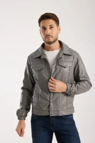 Mevsimlik Vintage Oversize Kısa Deri Ceket-KOYU GRİ - 4