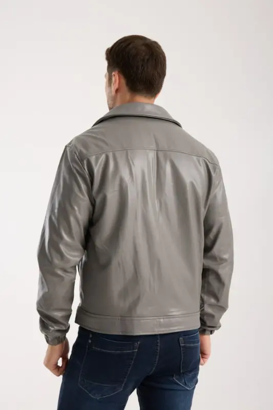 Mevsimlik Vintage Oversize Kısa Deri Ceket-KOYU GRİ - 6