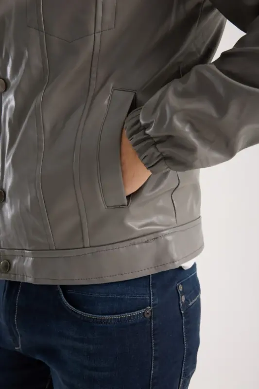 Mevsimlik Vintage Oversize Kısa Deri Ceket-KOYU GRİ - 8