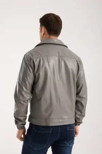 Mevsimlik Vintage Oversize Kısa Deri Ceket-KOYU GRİ - 6
